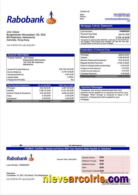 Netherlands Rabobank mortgage statement Word and PDF template